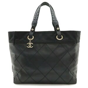 CHANEL Paris Biarritz Tote MM Bag Handbag Coated Canvas Black A34209